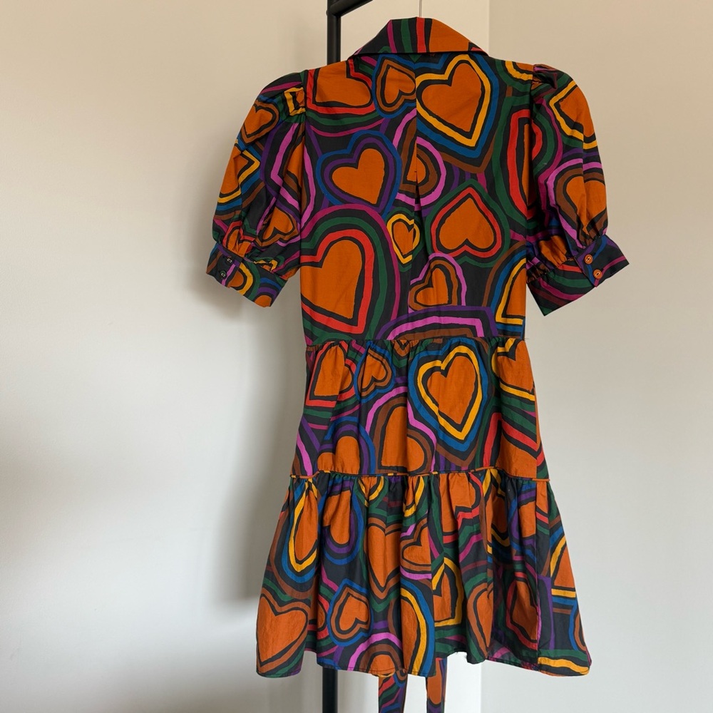 Farm Rio Anthropologie Heart Print Tie Front Mini Dress XS Puff Sleeve - Picture 7 of 8